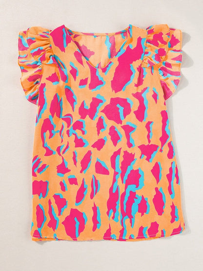 Mango Abstract Print Double Layer Ruffle Sleeve V Neck Blouse