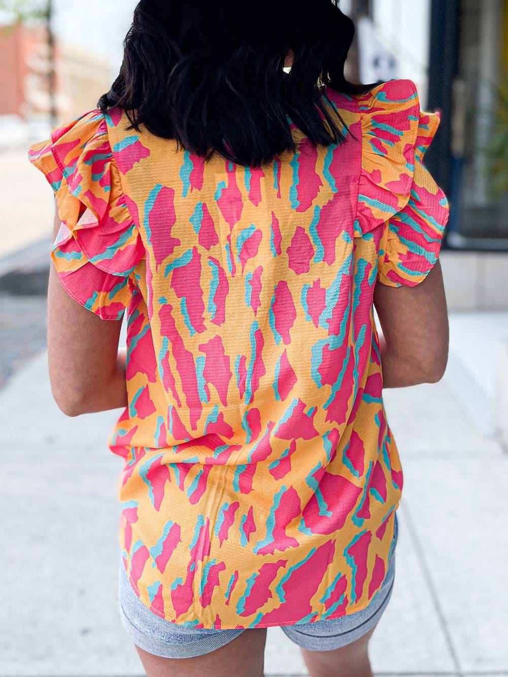 Mango Abstract Print Double Layer Ruffle Sleeve V Neck Blouse