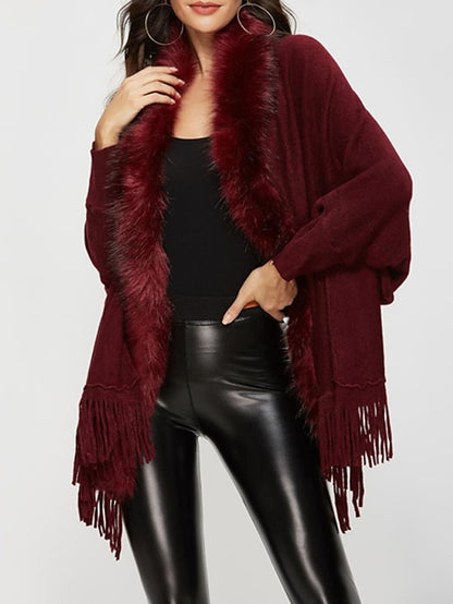 Women's Poncho Sweater Open Front Ribbed Knit Acrylic Tassel Knitted Fall Winter Tunic Outdoor Daily Going out Stylish Casual Soft Long Sleeve Pure Color Black Pink Wine S M L