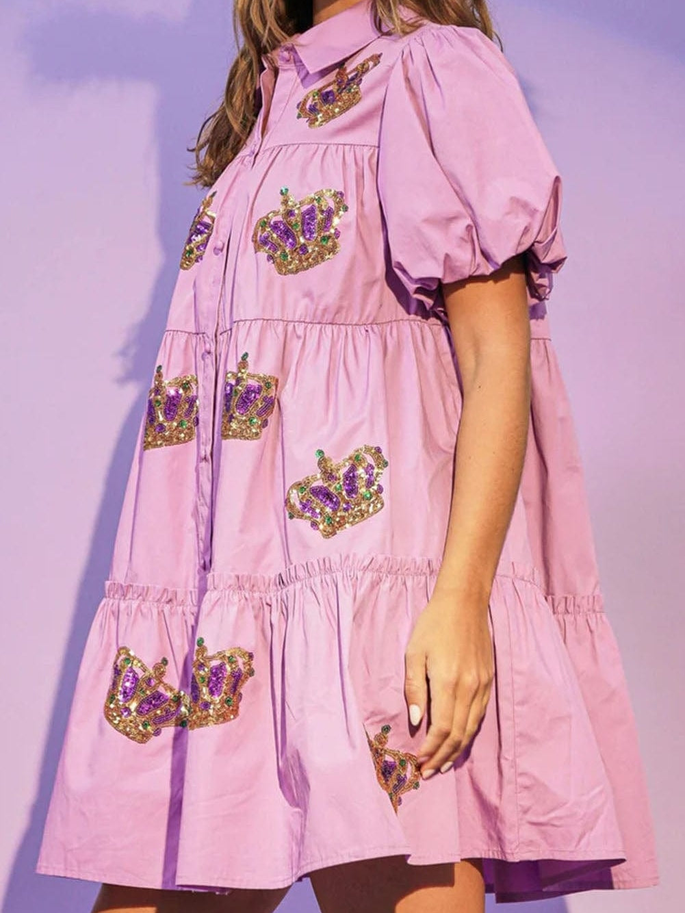 Mardi Gras Queen Sequin Embellished Bubble Sleeve Mini Dress