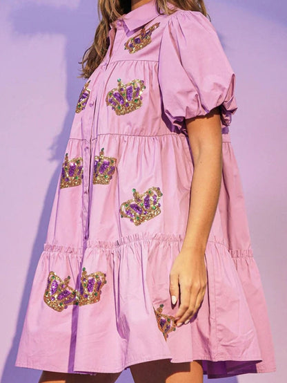 Mardi Gras Queen Sequin Embellished Bubble Sleeve Mini Dress