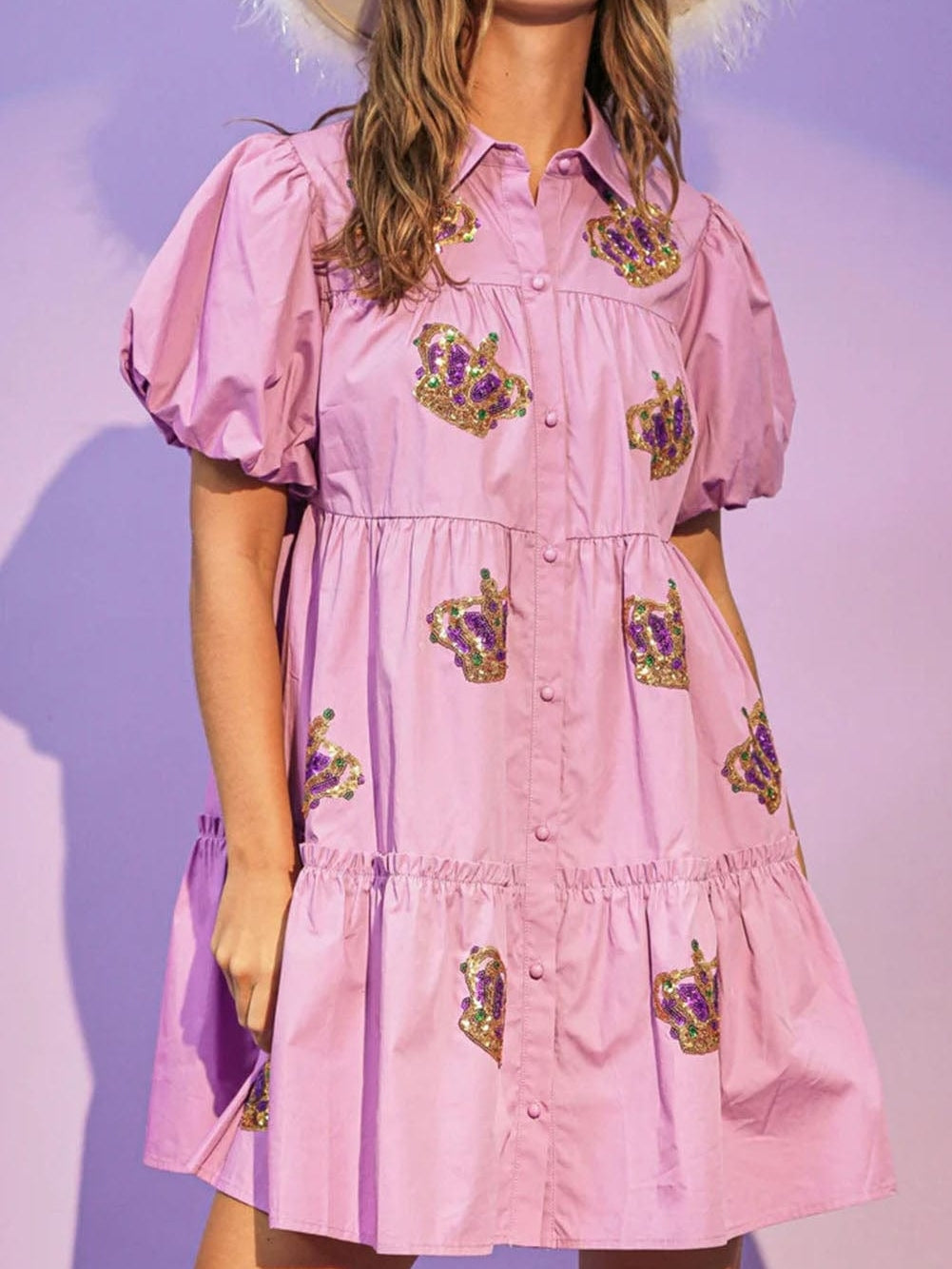 Mardi Gras Queen Sequin Embellished Bubble Sleeve Mini Dress