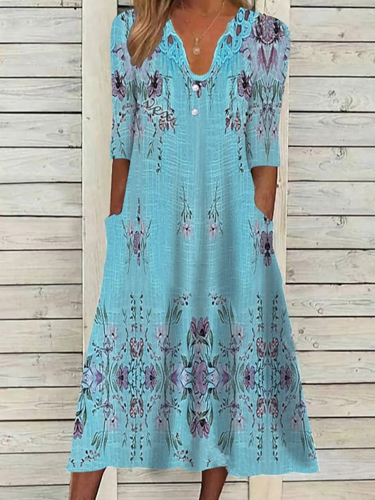 Women's Dress - Casual Dress Ethnic Dress Swing Dress Midi Dress Blue Half Sleeve Floral Ruched Fall Spring Summer V Neck Basic Daily Vacation Loose Fit 2023 S M L XL XXL 3XL