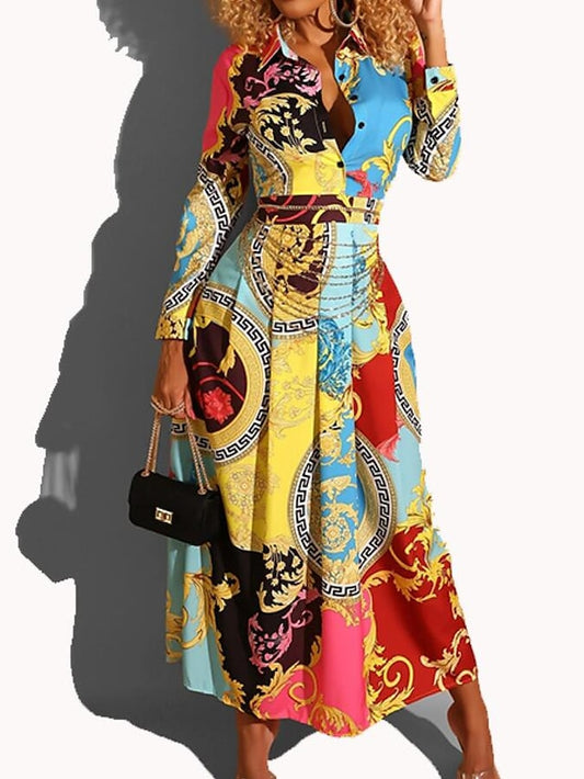 Women's Dress - Long Dress Maxi Dress Blue Light Blue Long Sleeve Geometric Shirt Collar Hot Winter Dress Fall Dress Slim S M L XL XXL
