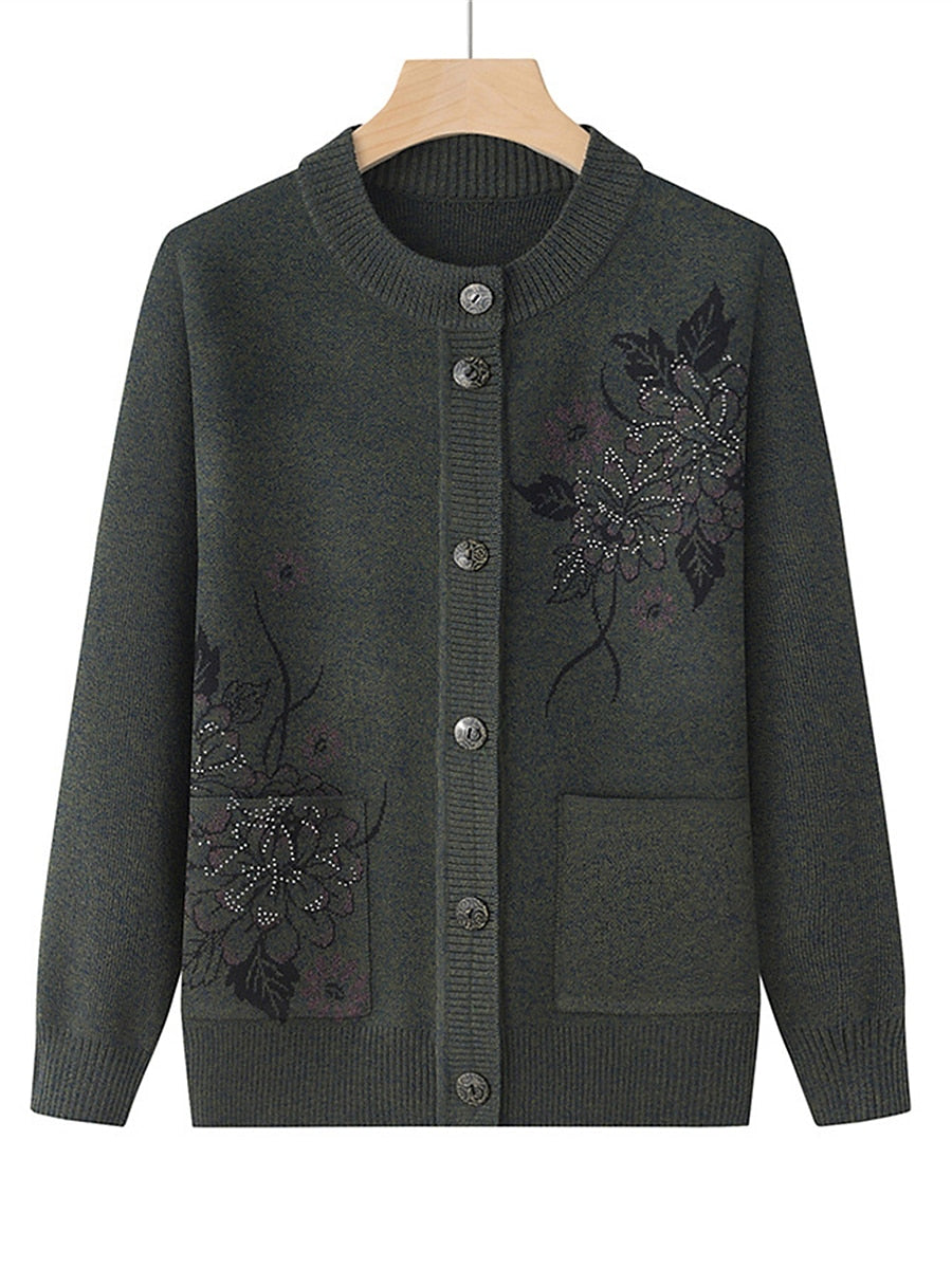 Women's Cardigan Sweater Crew Neck Ribbed Knit Polyester Button Pocket Fall Winter Outdoor Holiday Going out Stylish Casual Soft Long Sleeve Floral claret Grass Green Leather Pink XL 2XL 3XL