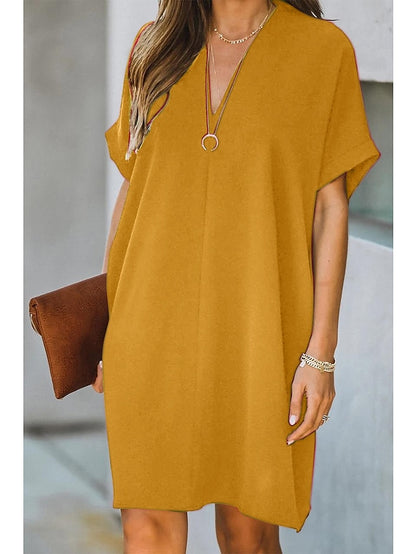 Women's Dress - Casual Dress Midi Dress Black White Yellow Short Sleeve Pure Color Summer Spring V Neck Hot  S M L XL XXL