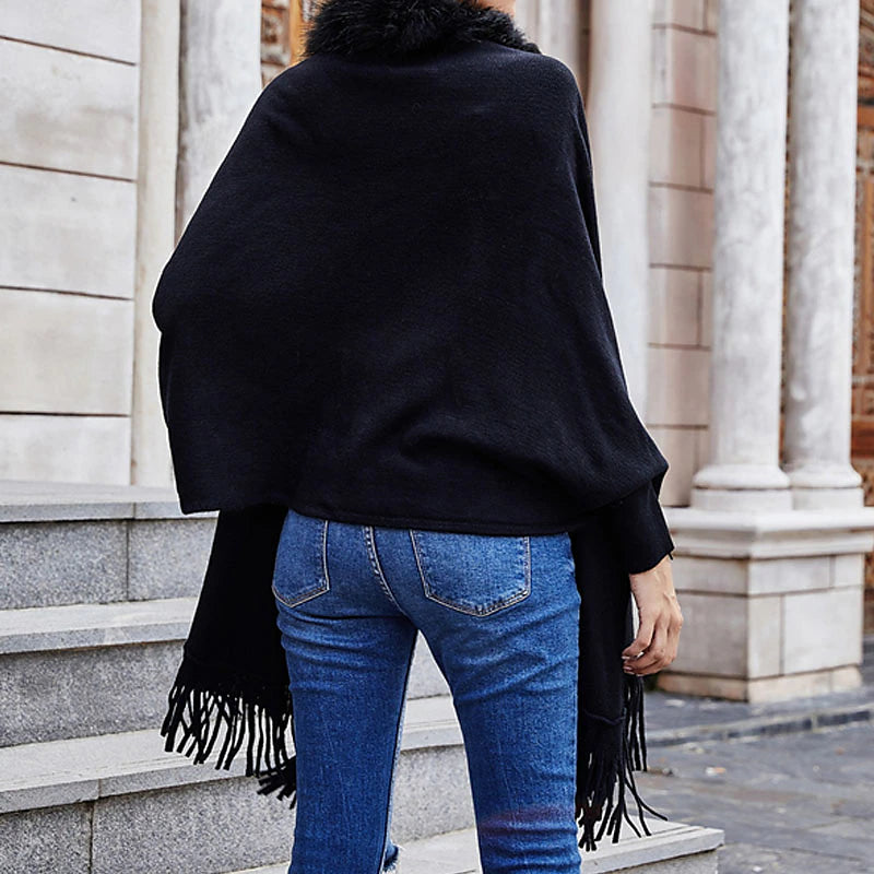 Women's Poncho Sweater Open Front Ribbed Knit Acrylic Tassel Knitted Fall Winter Tunic Outdoor Daily Going out Stylish Casual Soft Long Sleeve Pure Color Black Pink Wine S M L