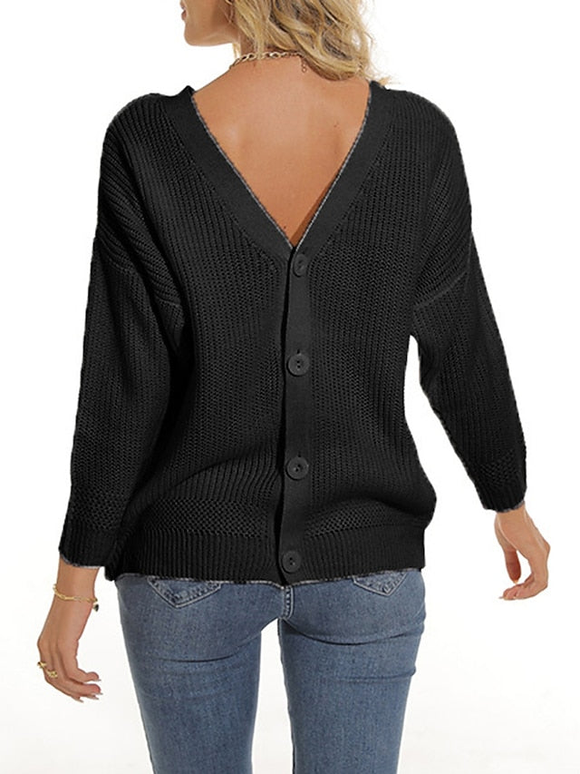 Women's Pullover Sweater Jumper Cardigan Sweater Crew Neck Ribbed Knit Acrylic Button Summer Spring Daily Going out Weekend Stylish Casual Soft Long Sleeve Solid Color Black White Pink S M L
