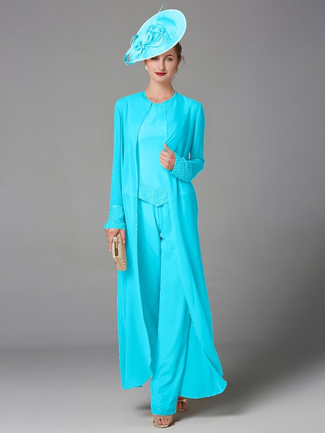 Jumpsuit / Pantsuit 3 Piece Mother of the Bride Dress Formal Plus Size Elegant Wrap Included Bateau Neck Floor Length Chiffon Sleeveless with Beading Appliques 2023 - LuckyFash™