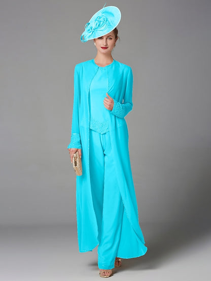 Jumpsuit / Pantsuit 3 Piece Mother of the Bride Dress Formal Plus Size Elegant Wrap Included Bateau Neck Floor Length Chiffon Sleeveless with Beading Appliques 2023 - LuckyFash™