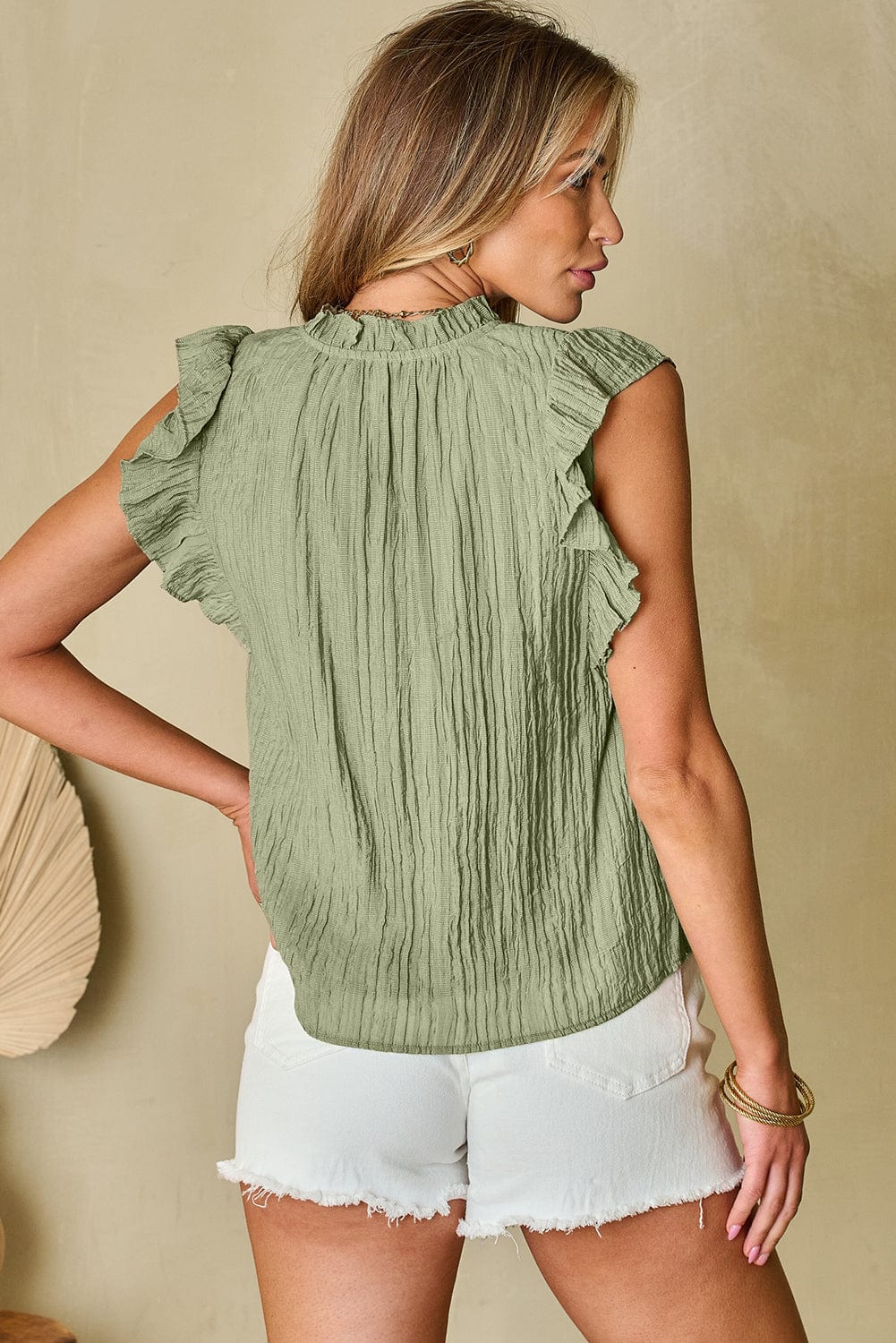 Meadow Mist Green Flutter Sleeve Textured Blouse with V Neck