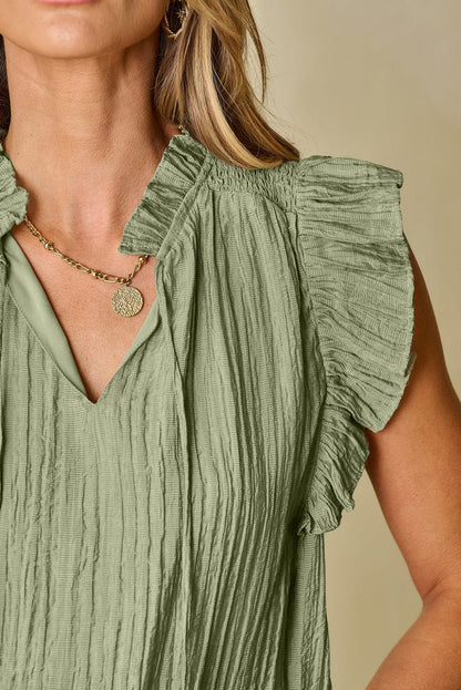 Meadow Mist Green Flutter Sleeve Textured Blouse with V Neck