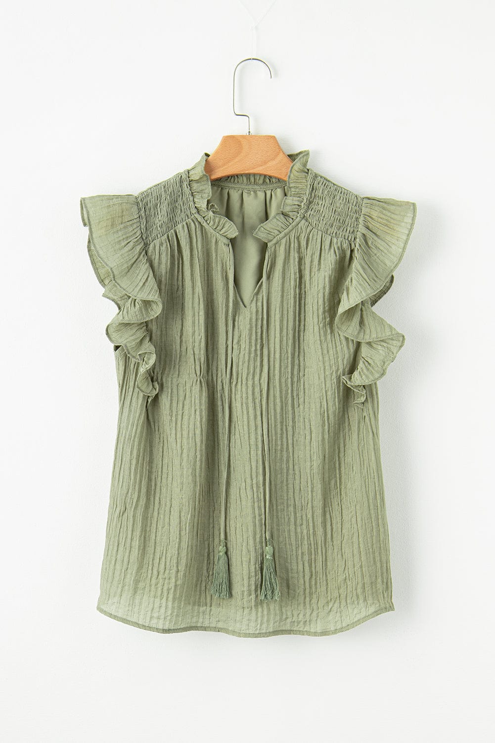 Meadow Mist Green Flutter Sleeve Textured Blouse with V Neck