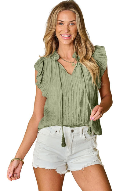 Meadow Mist Green Flutter Sleeve Textured Blouse with V Neck