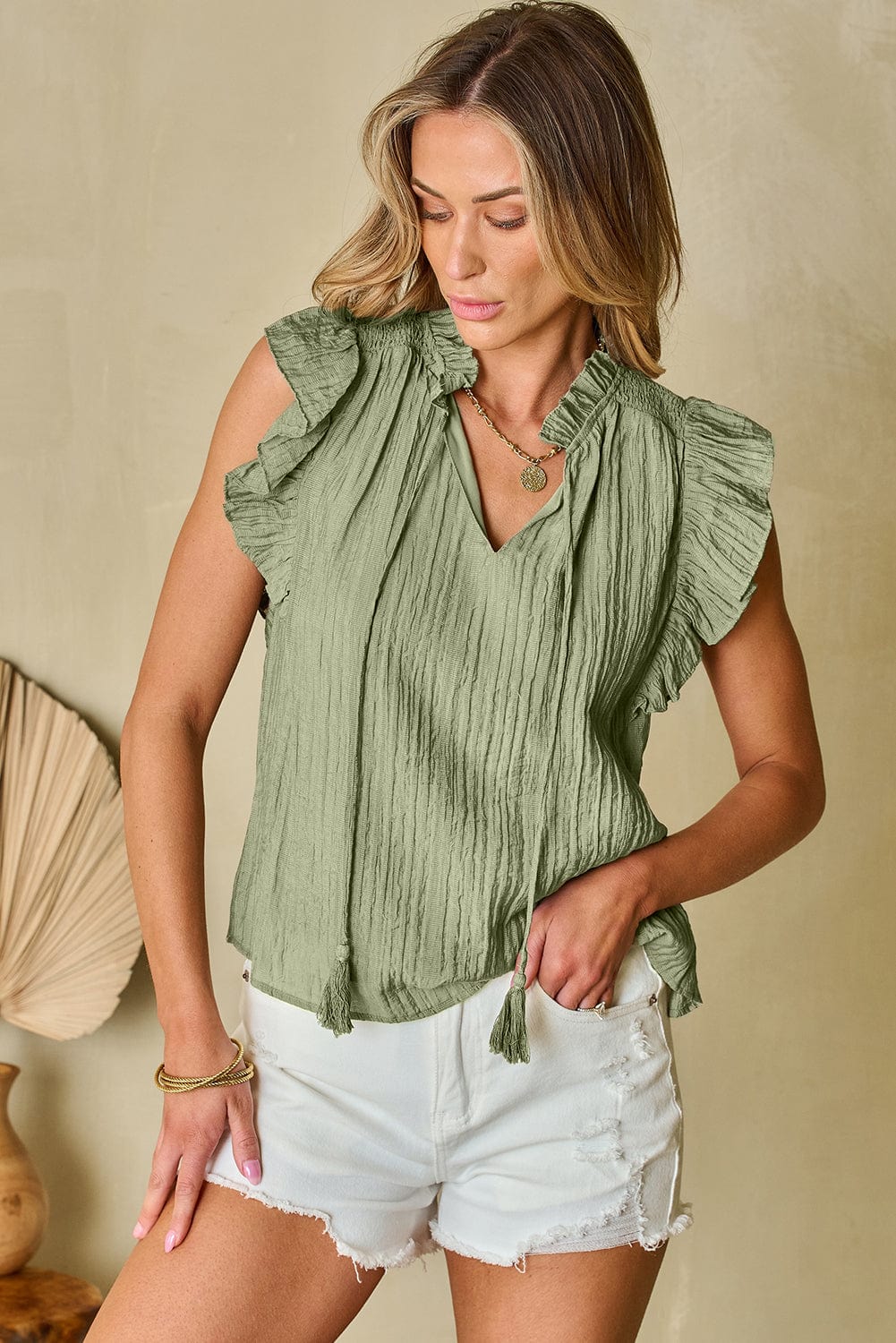 Meadow Mist Green Flutter Sleeve Textured Blouse with V Neck