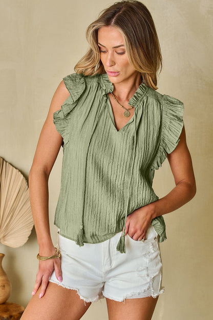 Meadow Mist Green Flutter Sleeve Textured Blouse with V Neck