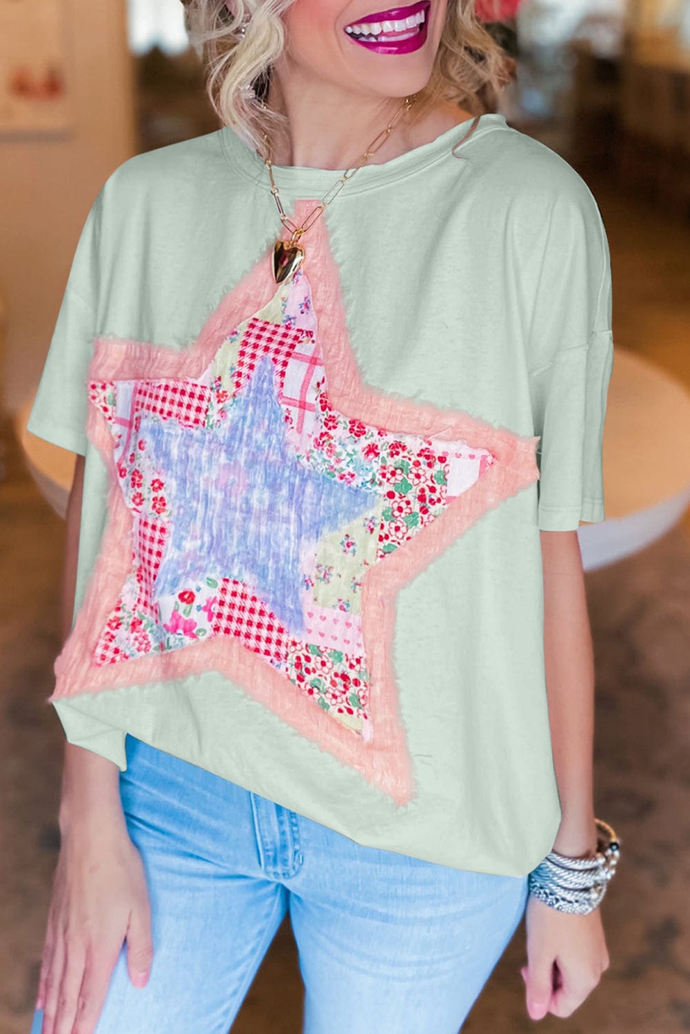 Meadow Mist Green Star Patchwork Relaxed Fit T-shirt