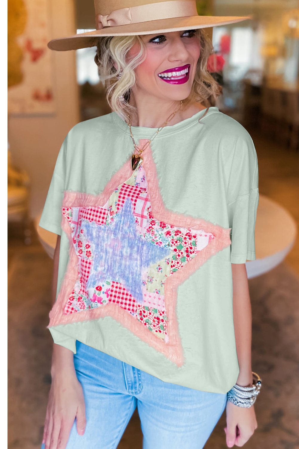 Meadow Mist Green Star Patchwork Relaxed Fit T-shirt