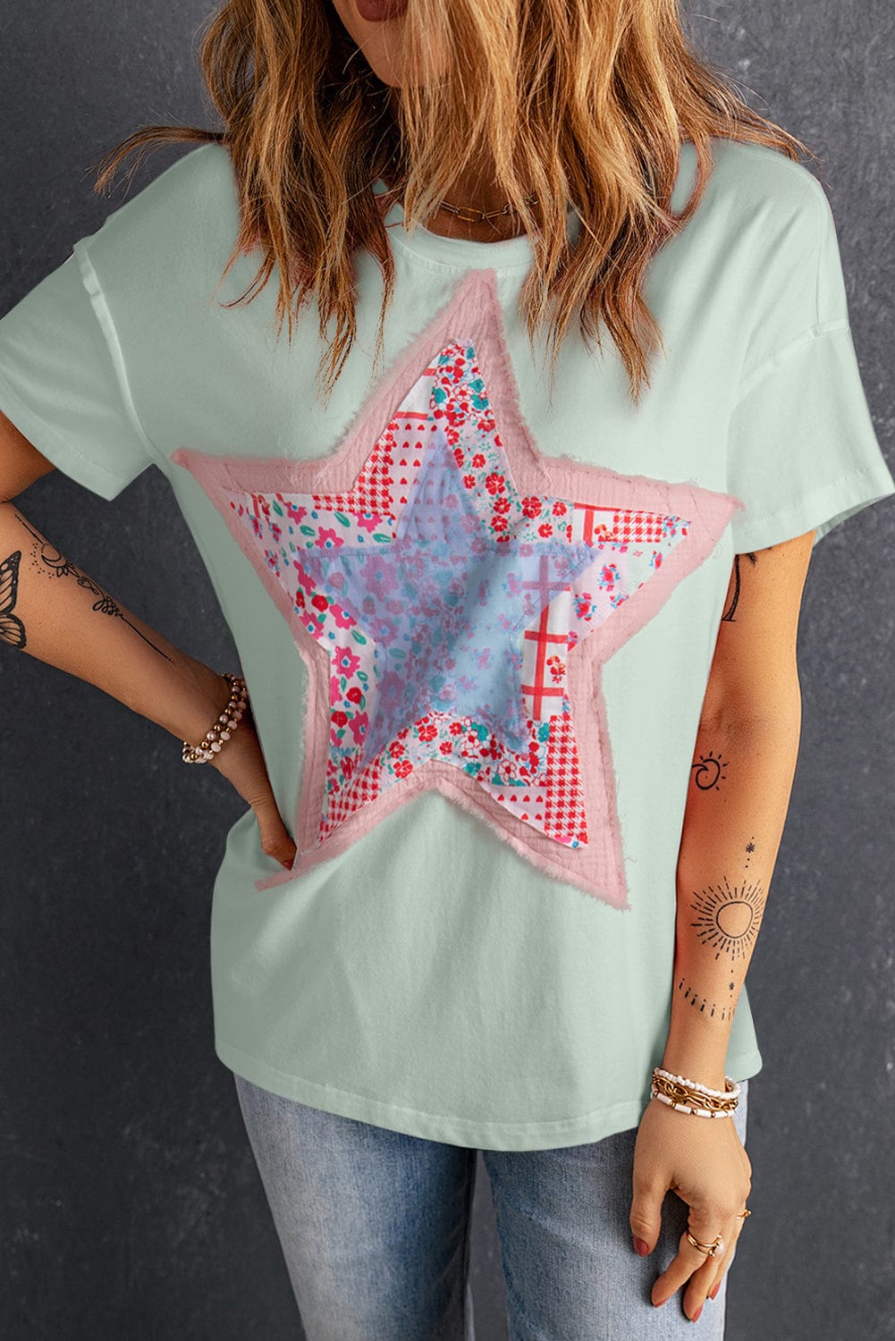Meadow Mist Green Star Patchwork Relaxed Fit T-shirt