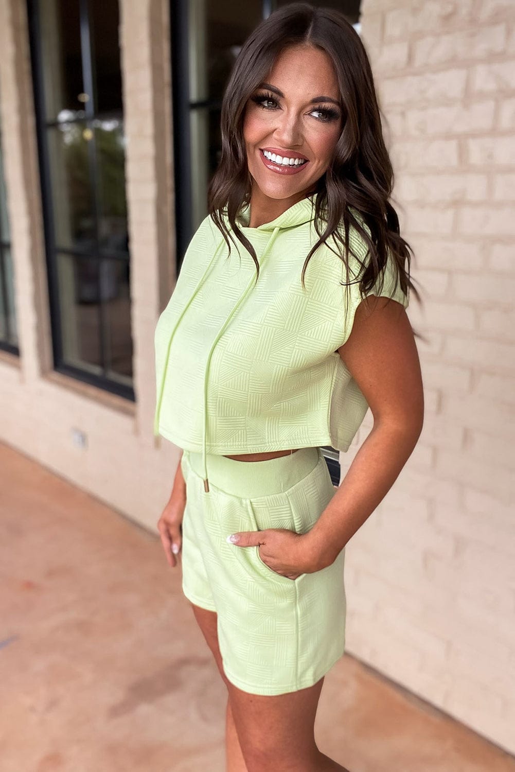 Meadow Mist Green Textured Hoodie and Shorts Co-ord Set