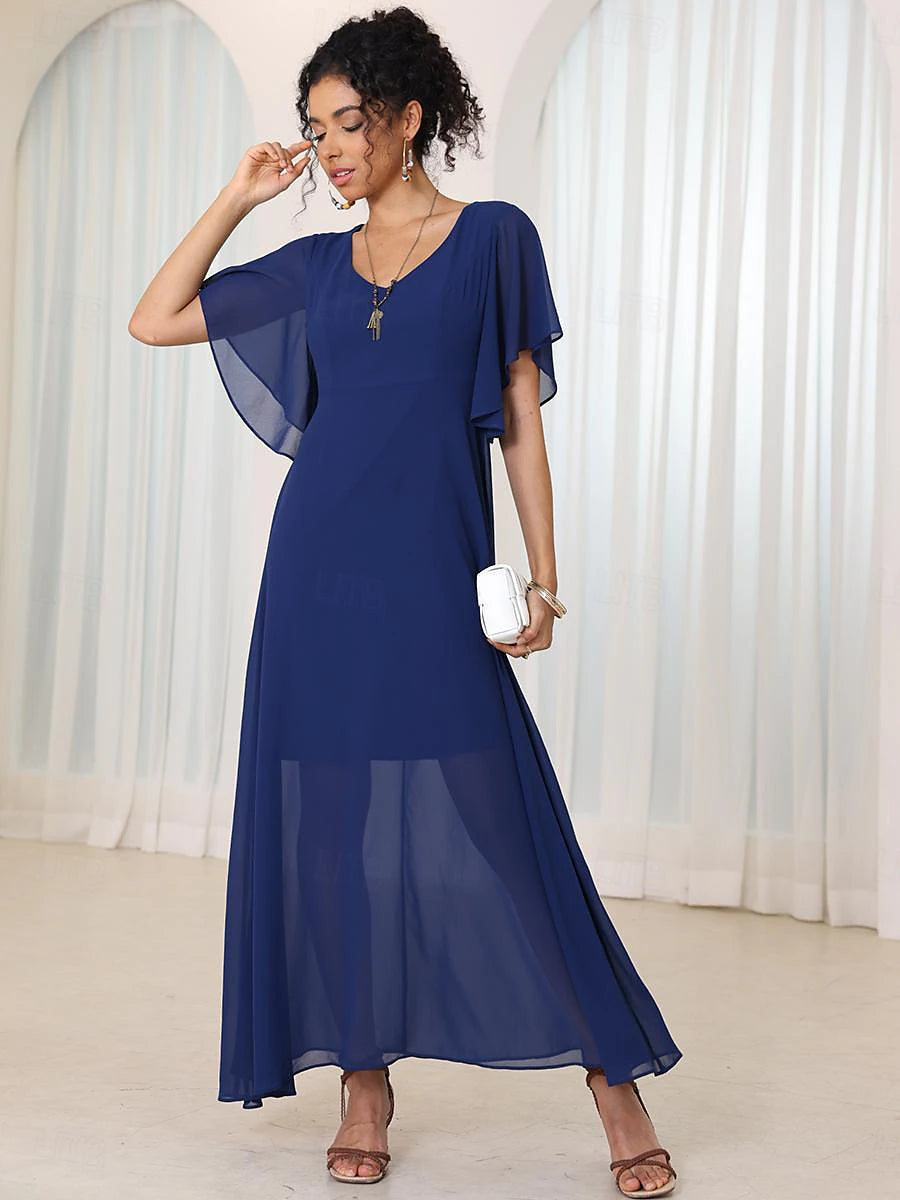 Women's A Line Dress Maxi Dress Chiffon Ruffle Party Elegant V Neck Sleeveless Dark Blue Color