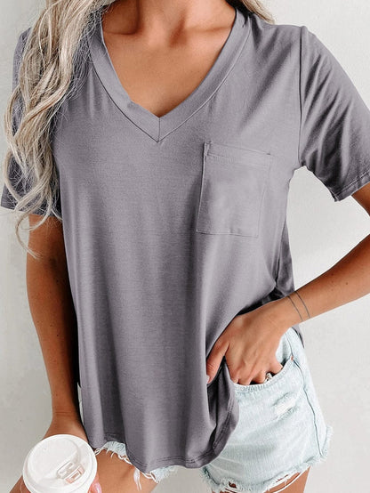 Medium Grey V Neck Pocketed Rounded Hem T-Shirt