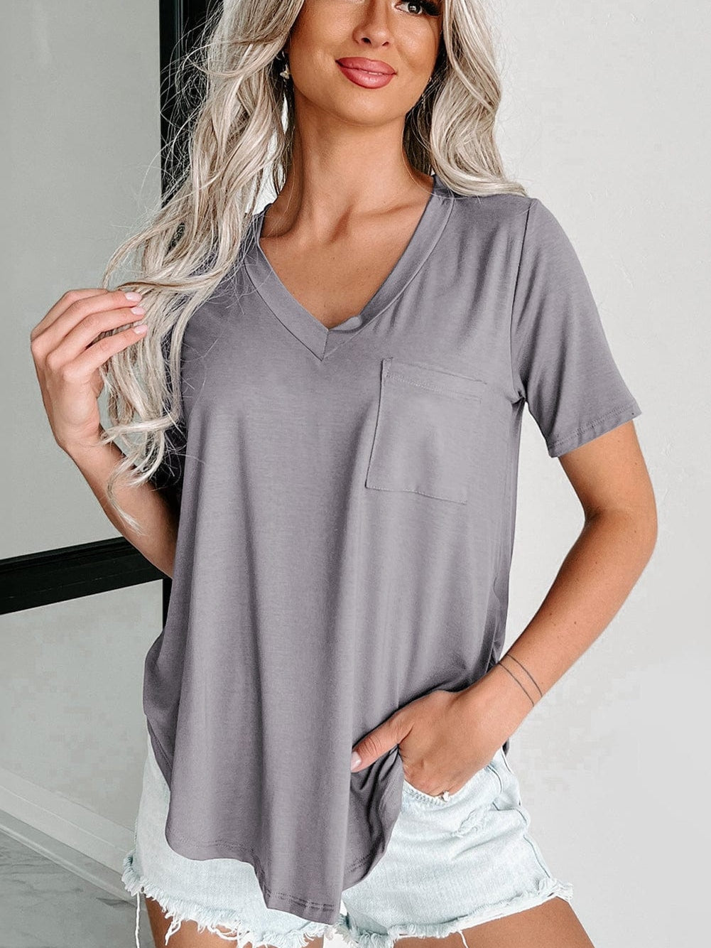Medium Grey V Neck Pocketed Rounded Hem T-Shirt