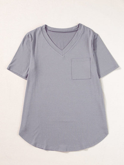 Medium Grey V Neck Pocketed Rounded Hem T-Shirt