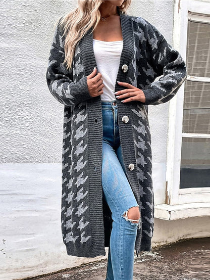 Women's Cardigan Sweater Jumper Ribbed Knit Tunic Button Knitted Houndstooth V Neck Stylish Elegant Outdoor Daily Winter Fall Fuchsia Gray S M L / Long Sleeve / Holiday / Casual / Regular Fit