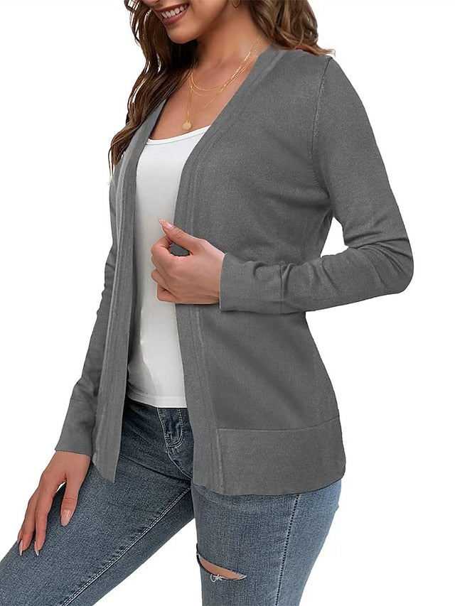 Women's Knitted Cardigan Coat Classic V Neck Long Sleeve Open Front Sweater Fall Solid Color  Cardigans Wine S M L