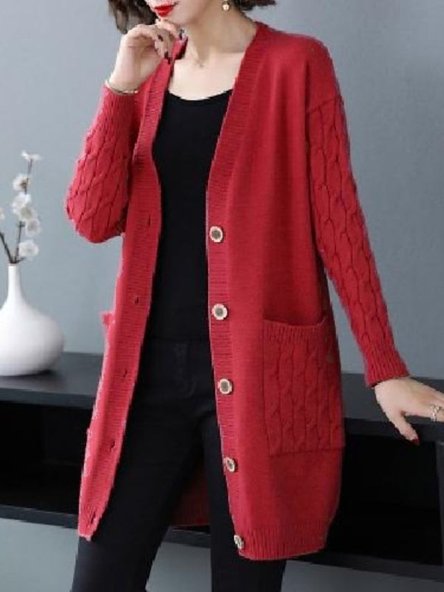 Women's Cardigan Pocket Solid Color Stylish Basic Casual Long Sleeve Regular Fit Sweater Cardigans V Neck Fall Spring Blue Black Camel / Going out