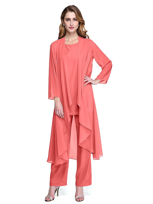 Jumpsuit / Pantsuit Mother of the Bride Dress Plus Size Elegant Bateau Neck Floor Length Chiffon Sleeveless yes with Solid Color 2023 - LuckyFash™
