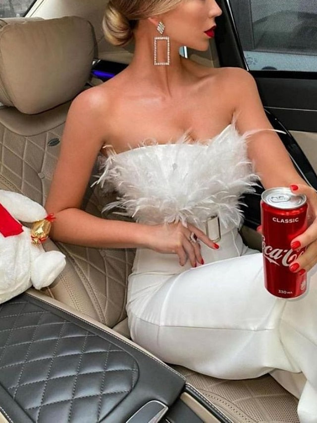 Jumpsuits Elegant Rompers Wedding Guest Prom Dress Strapless Sleeveless Ankle Length Stretch Fabric with Feather Sash / Ribbon 2022 - LuckyFash™