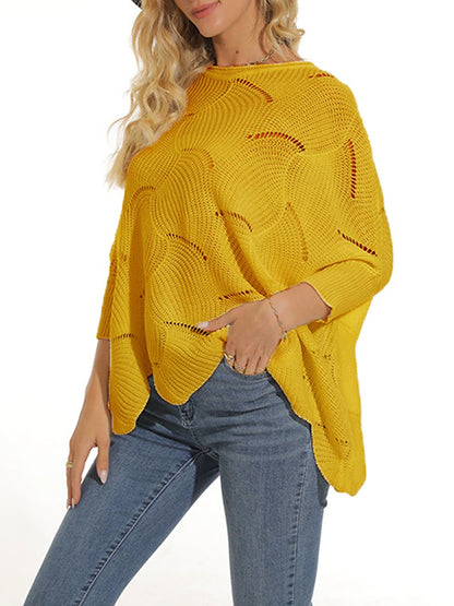 Women's Pullover Sweater Jumper Crew Neck Ribbed Knit Acrylic Hole Summer Spring Daily Going out Weekend Stylish Casual Soft 3/4 Length Sleeve Solid Color Black White Yellow S M L