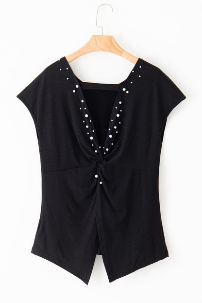 Midnight Pearls Twist Back Tee with Beaded Details