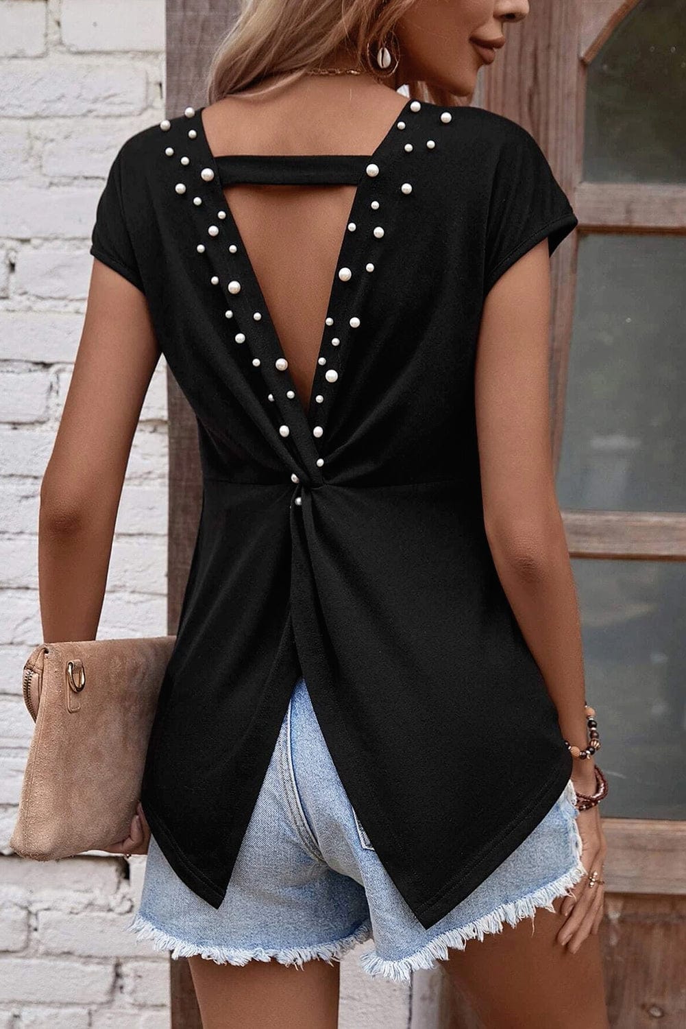 Midnight Pearls Twist Back Tee with Beaded Details