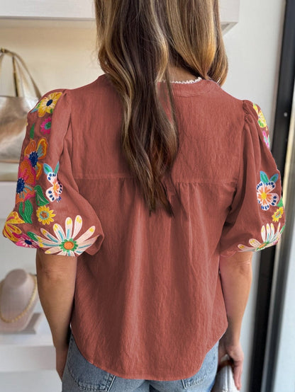 Mineral Red Notched Neck Floral Embroidered Puff Sleeve Blouse