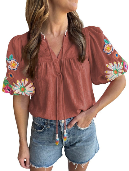 Mineral Red Notched Neck Floral Embroidered Puff Sleeve Blouse