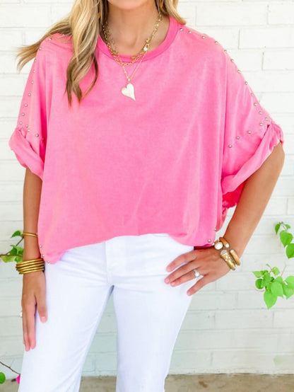 Mineral Wash Pink Rhinestone Studded Oversized Top