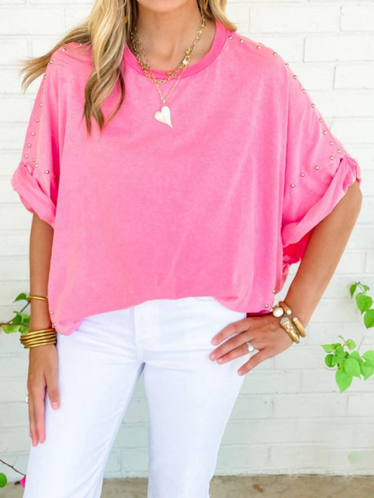 Mineral Wash Pink Rhinestone Studded Oversized Top