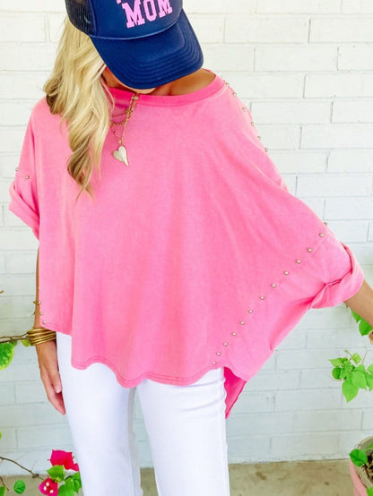 Mineral Wash Pink Rhinestone Studded Oversized Top