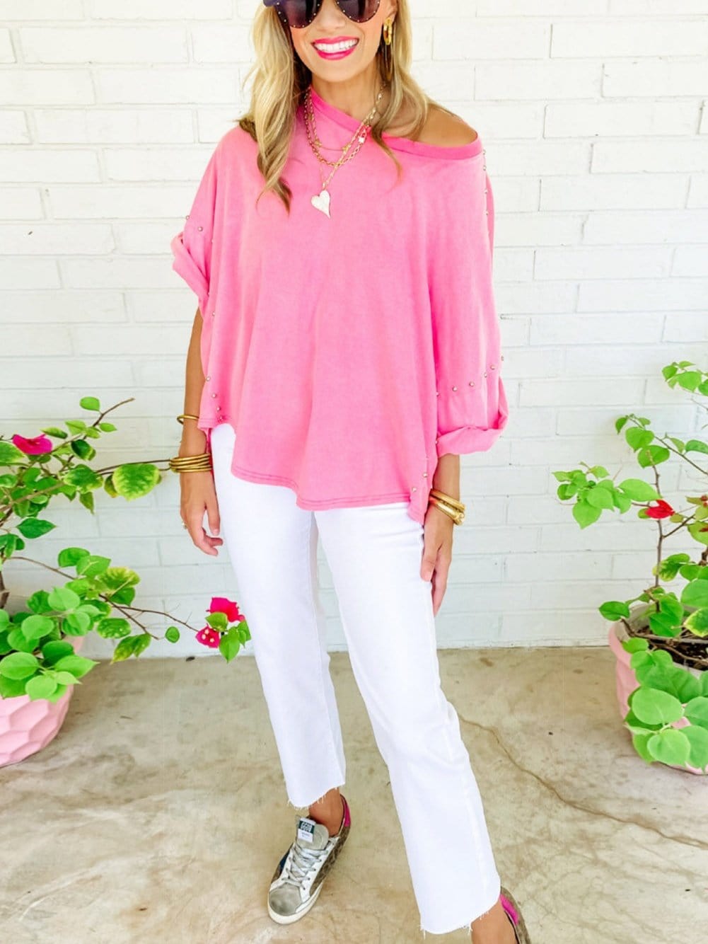 Mineral Wash Pink Rhinestone Studded Oversized Top