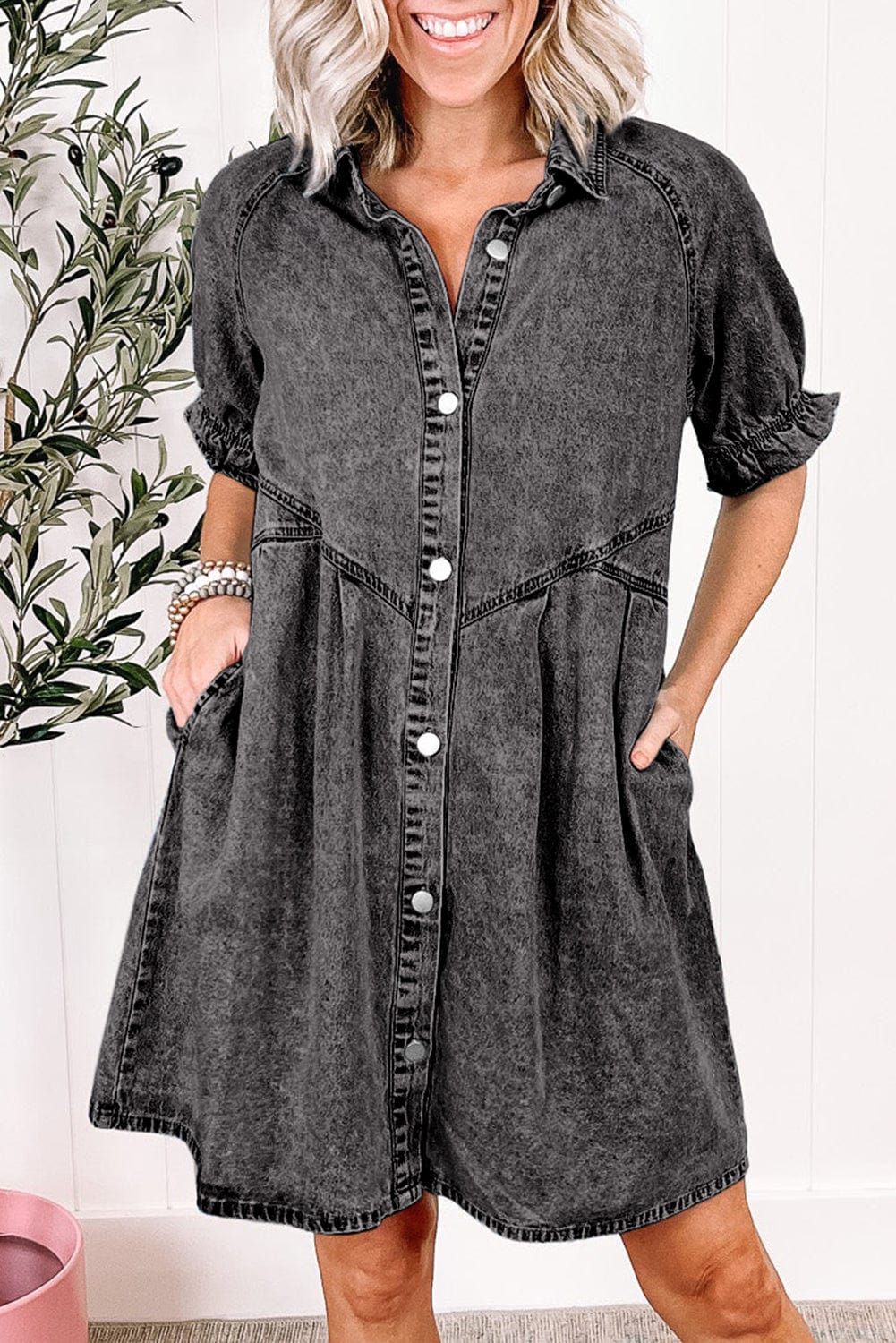 Mineral Washed Denim Ruffle Sleeve Shirt Dress