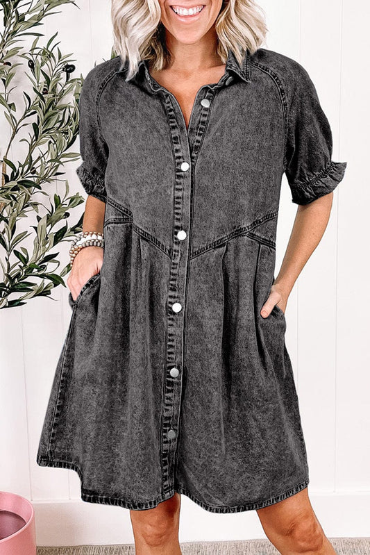 Mineral Washed Denim Ruffle Sleeve Shirt Dress