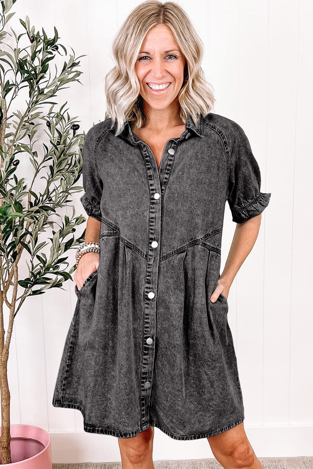 Mineral Washed Denim Ruffle Sleeve Shirt Dress