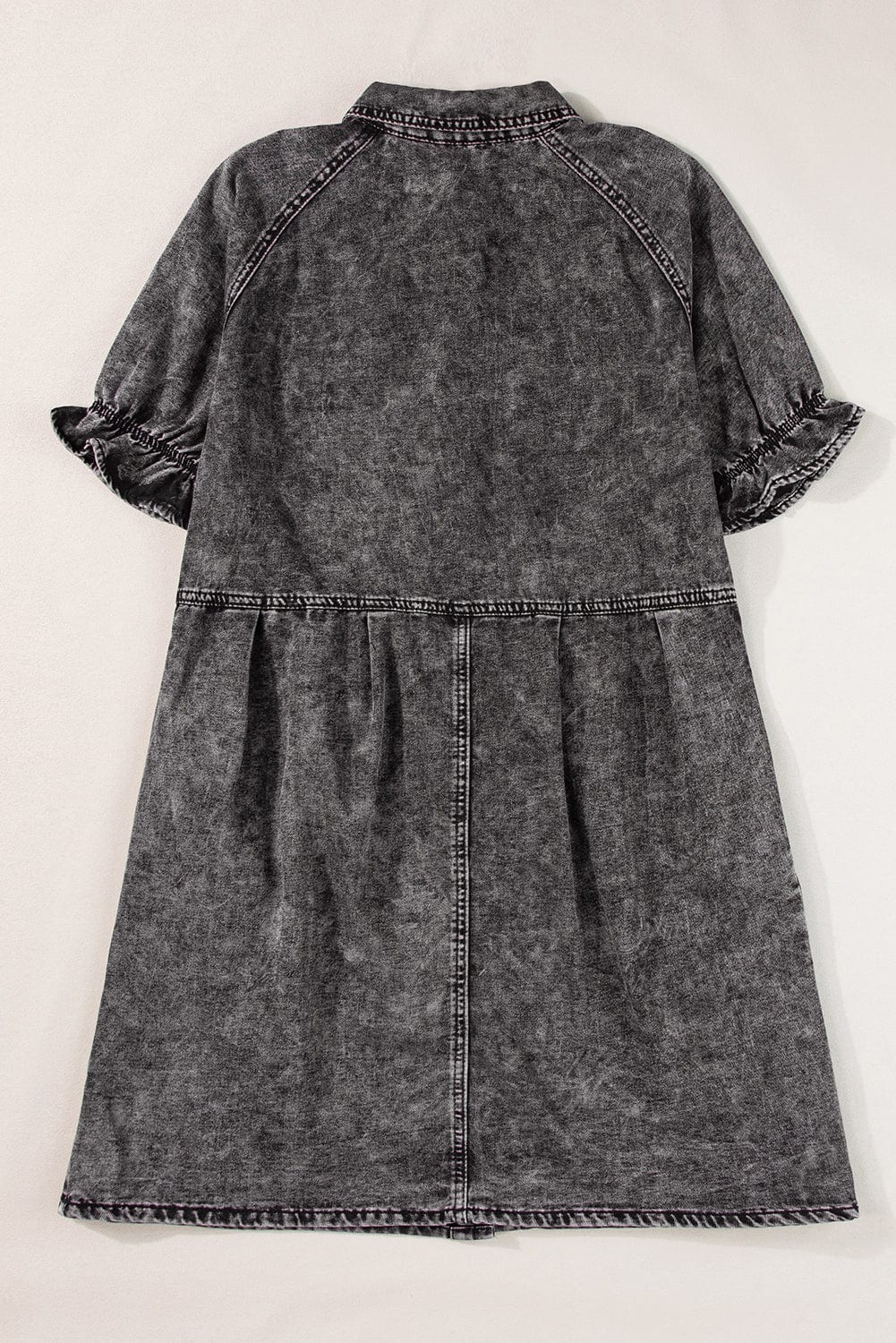 Mineral Washed Denim Ruffle Sleeve Shirt Dress