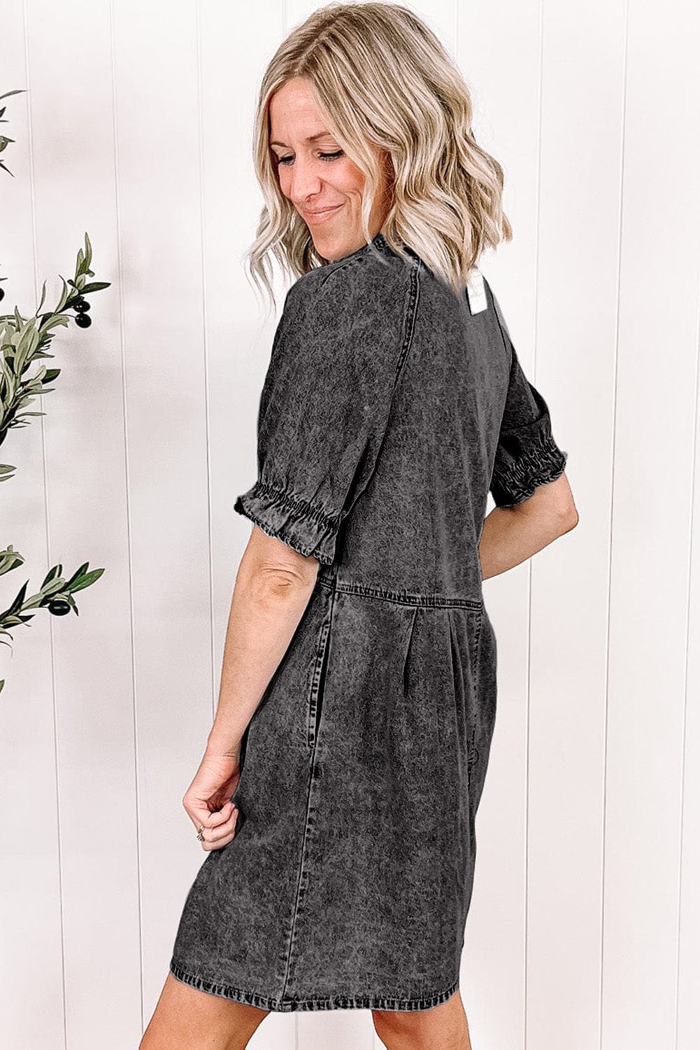 Mineral Washed Denim Ruffle Sleeve Shirt Dress