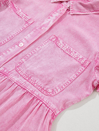 Mineral Washed Pink Chambray Dress with Ruffle Sleeves