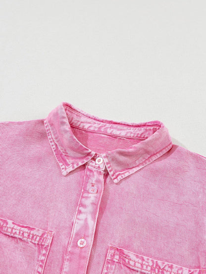 Mineral Washed Pink Chambray Dress with Ruffle Sleeves