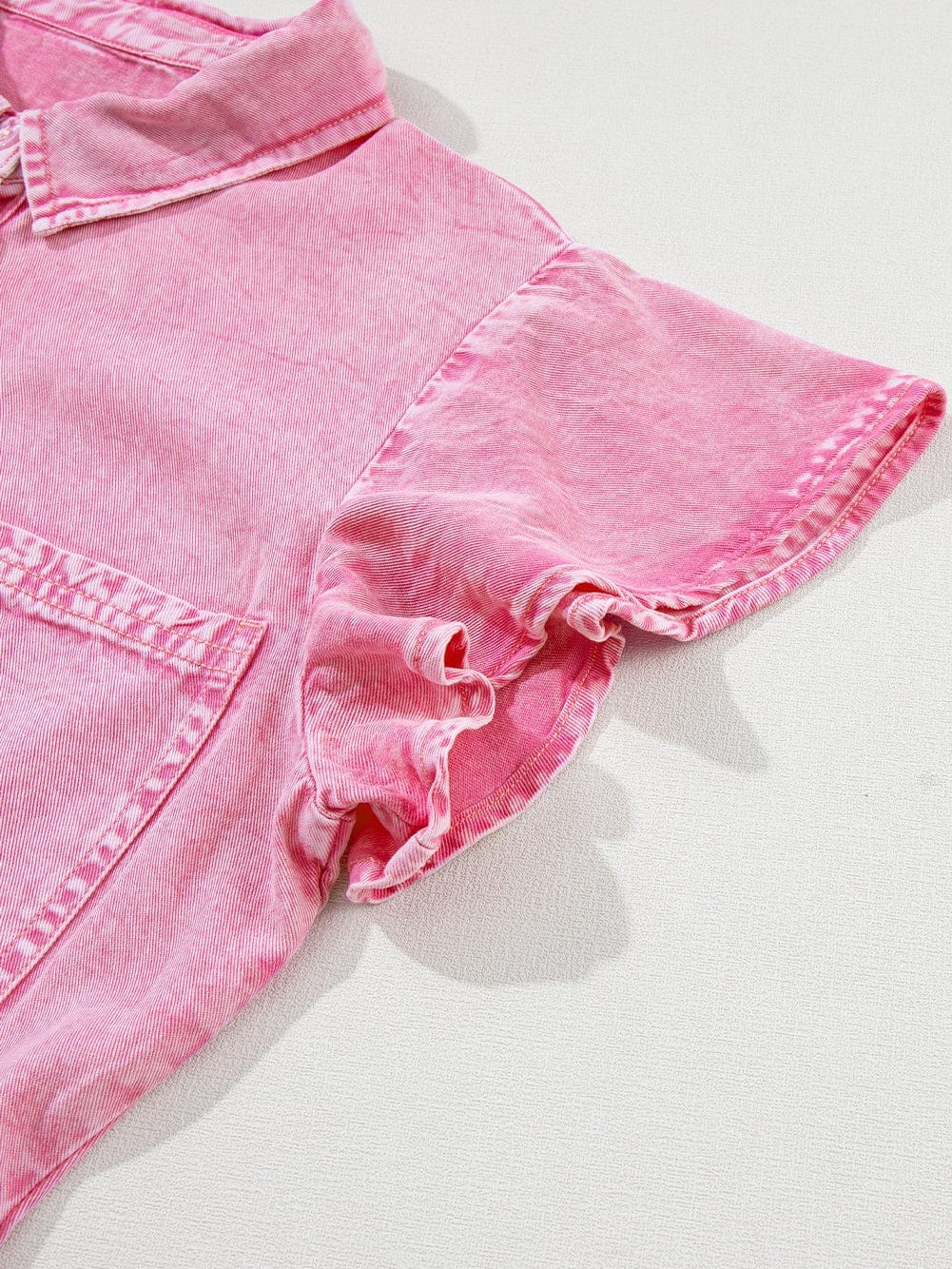 Mineral Washed Pink Chambray Dress with Ruffle Sleeves